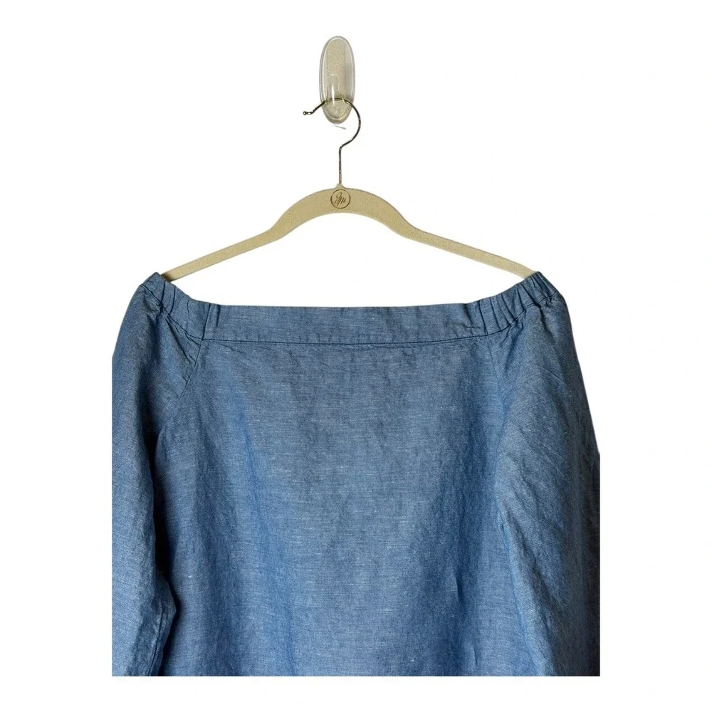 Free People Shirt Women‎ XS Blue Off The Shoulder Chambray Tie Cuff Top Boho